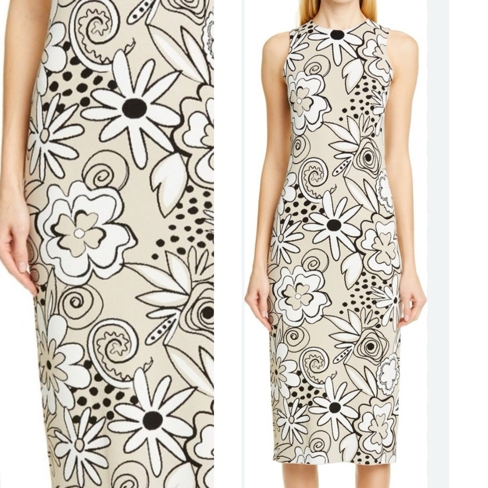 Kwaidan Editions 36 FLORAL JACQUARD PENCIL DRESS IN BEIGE MULTI MIDI
